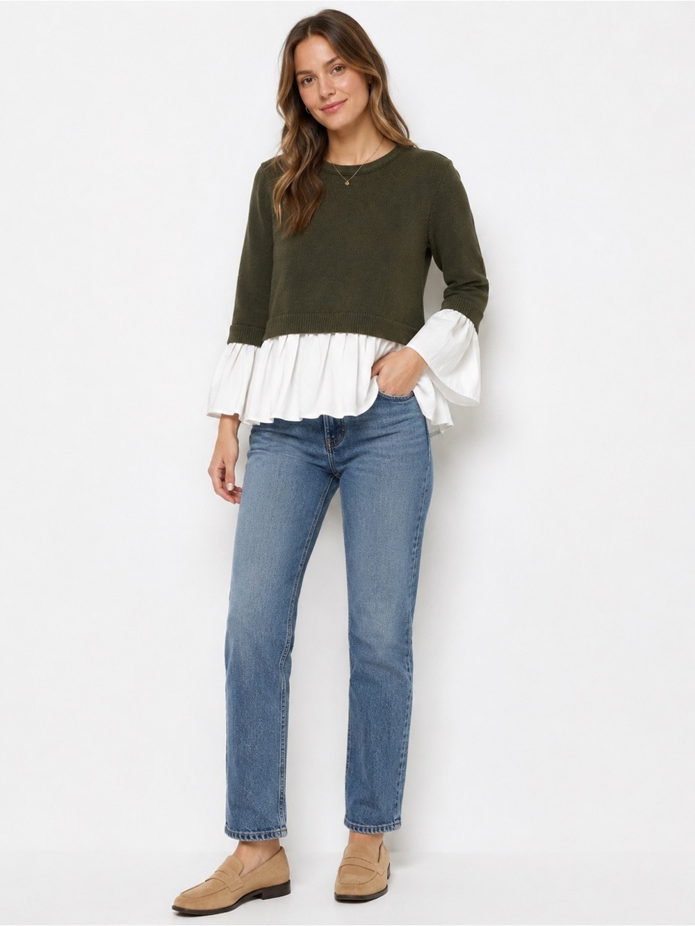 Boutique Olive Green Layered Ruffle Sweater Blouse Top Cottagecore Quiet Luxury